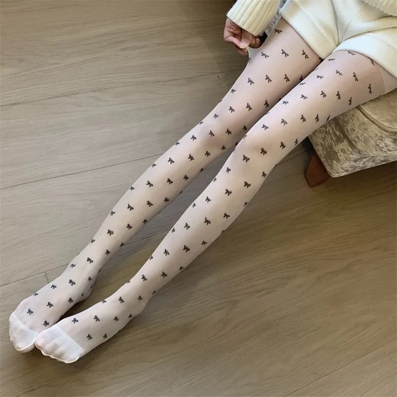 Sexy Bow Pattern Tights Woman Black White Stockings Transparent Thin Y2K Lingerie Party Club Pantyhose.