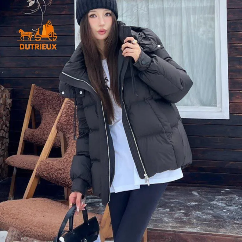 2025 inverno solto removível com capuz jaqueta de comprimento médio para mulher, 90% pato branco para baixo moda quente e casaco elegante para mulher