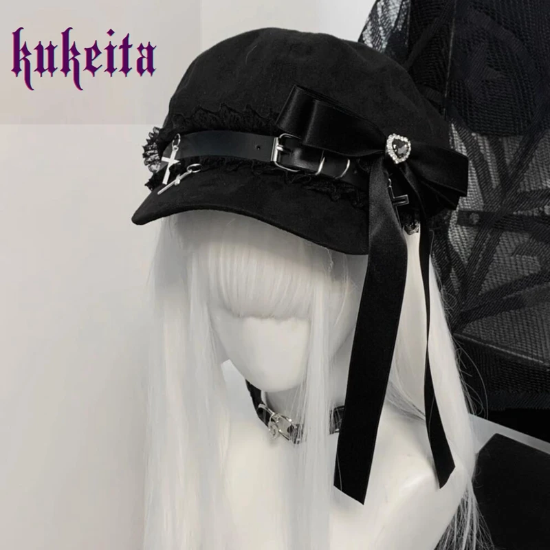 Kukeita Harajuku Gothic Lolita Beret Hat Y2k Girls Punk Black Cross Lace Diamond Bow Grunge Chic Streetwear Accessories Caps