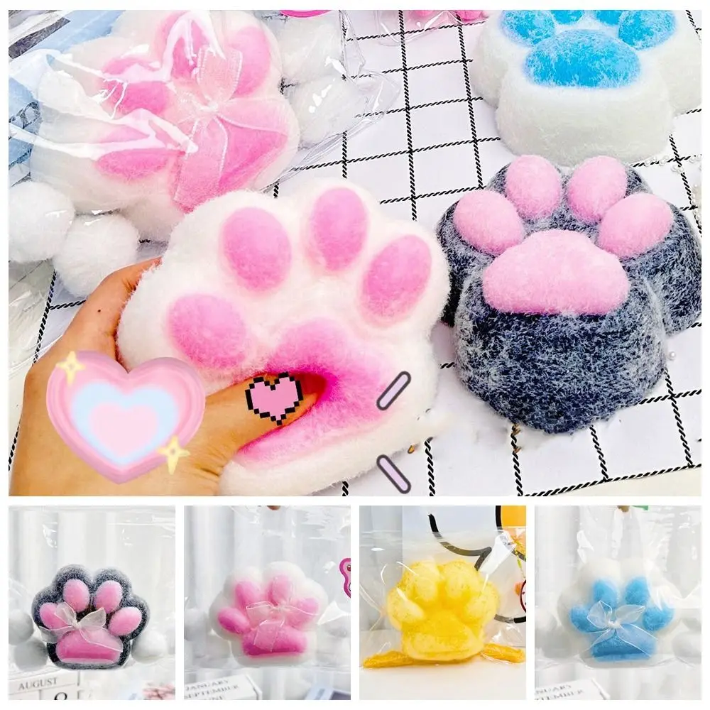 Funny Super Large Cat Paw Squeeze Toy with Bowknot Flocking Cartoon Fidget Toy TPR 3D Pinch Decompression Toy Kids Tricky Doll