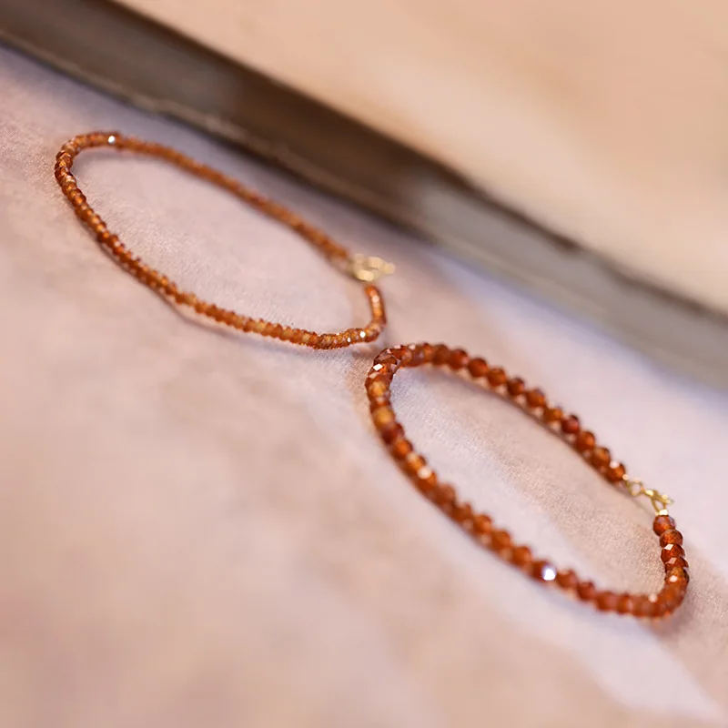 ITSMOS 3mm Natural Orange Garnet Faceted Crystal Bracelet Female Red Handmade Beaded Bracelet Stacked Simple for Women