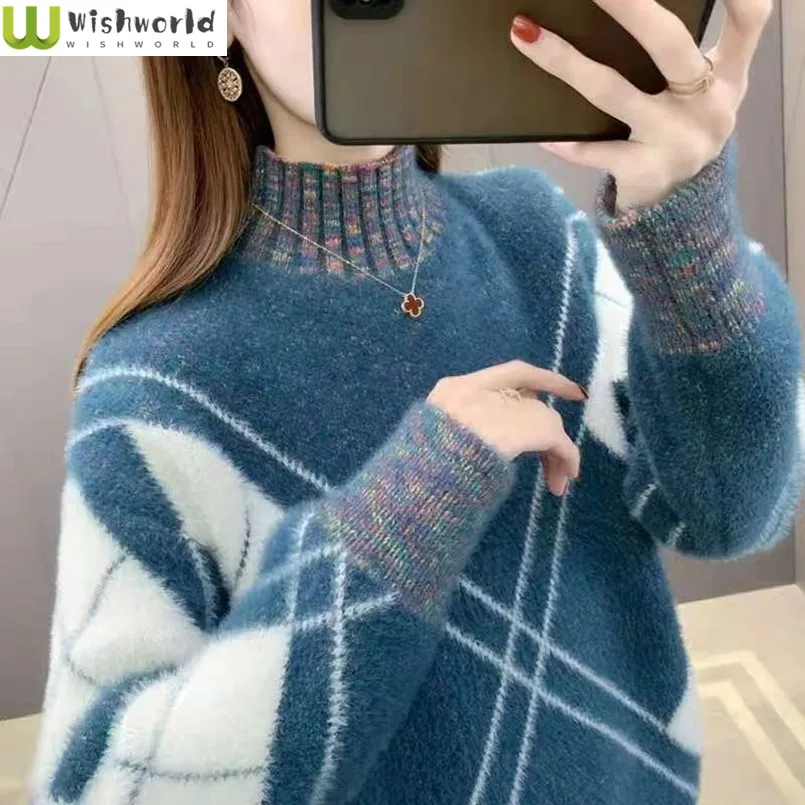 

Imitation Mink Fur Thick Sweater Women's Autumn and Winter New Item Korean Version Knitted Sweater Loose and Elegant Women's Top