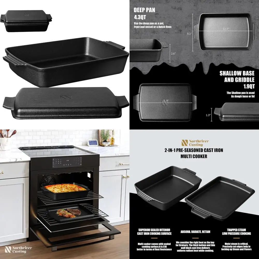 

Cast Iron Dutch Oven Skillet Lid Casserole Rectangular Baking Pan Griddle Pot Set 6 Quart 9x13 Pre Seasoned Cookware