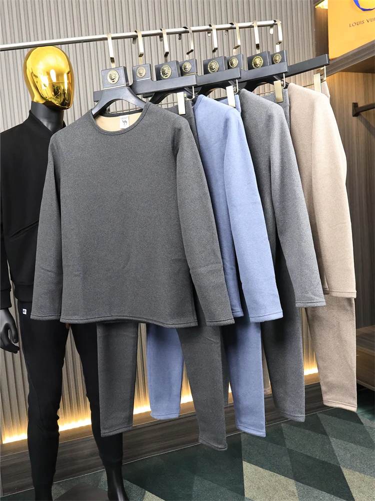 Thickened Camel down Warmth Set Men's  Color Fleece Lined Plush Long Pants Small round Neck Couple's Thermal Suit