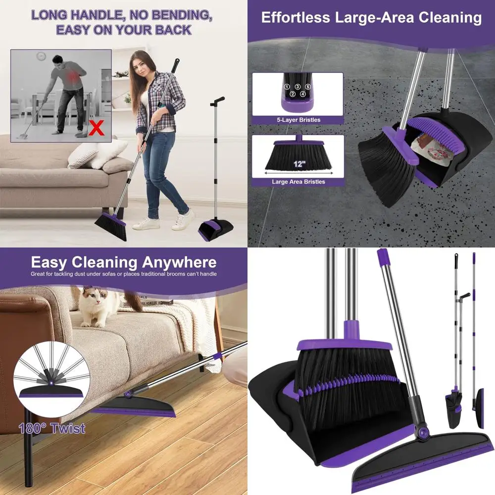 

Purple 51 Long Handle Broom and Dustpan Set, Silicone Squeegee Kit for Pet Hair, Glass, and Rugs at Home