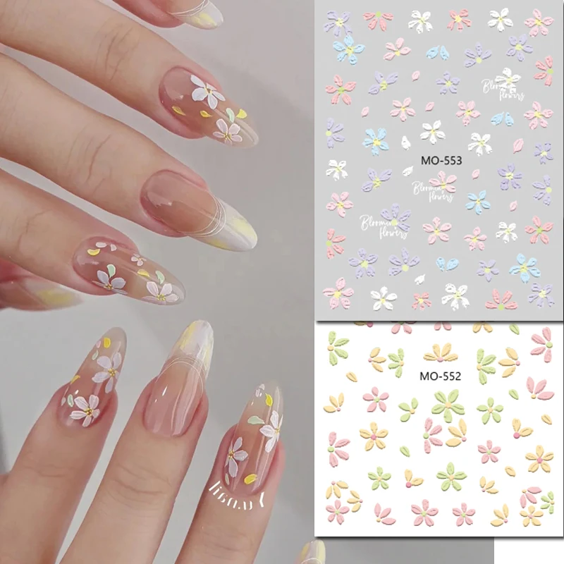 สติกเกอร์ติดเล็บลายนูน 5 มิติ สีฟ้าอมชมพู เหลือง ม่วง ลายดอกไม้แบบภาพวาดสีน้ำมัน สำหรับตกแต่งเล็บ
