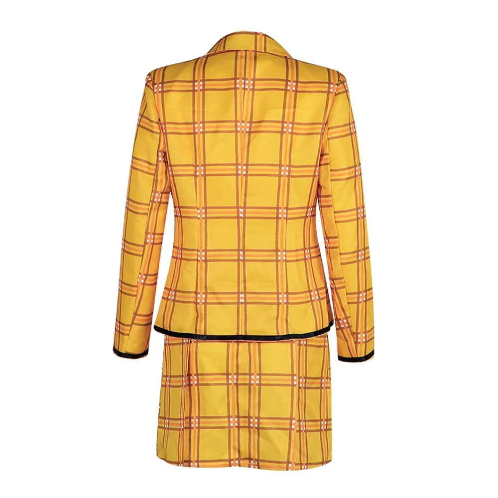 Nuovo film Clueless Cher Costume Cosplay Donne adulte Uniforme scolastica Griglia Stampa Cappotto Set completo Accessori Abiti da completo