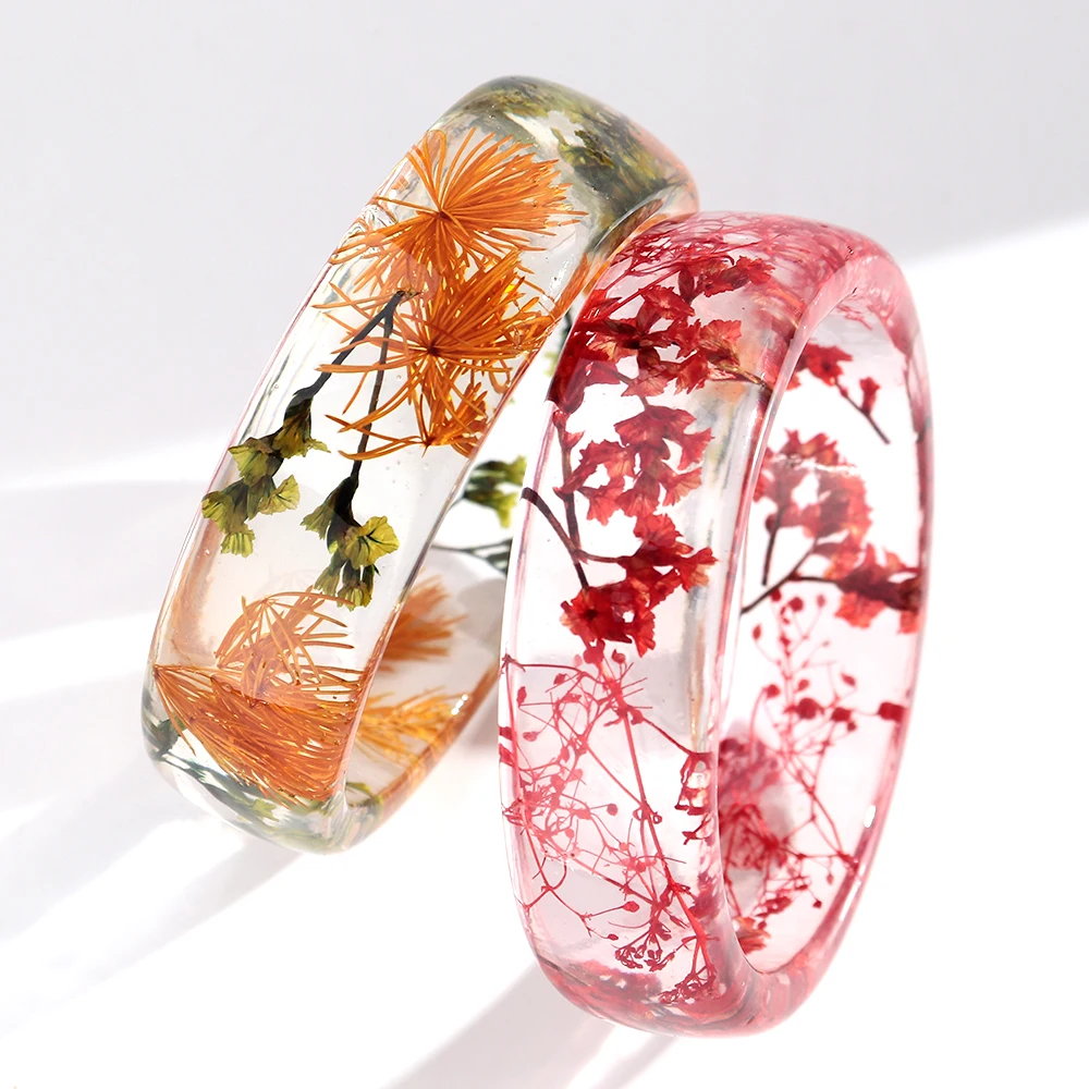Vintage Dried Flowers Transparent Resin Chunky Bangles New Stackable Cuff Bangle Bracelets for Women Charm Jewelry