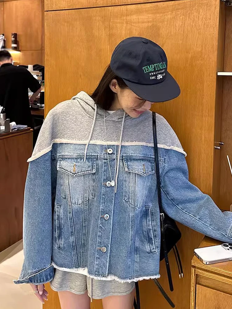 Felpe con cappuccio alla moda in stile coreano Giacca di jeans dal design di giunture Streetwear Giacca di jeans monopetto unica e di nicchia da donna