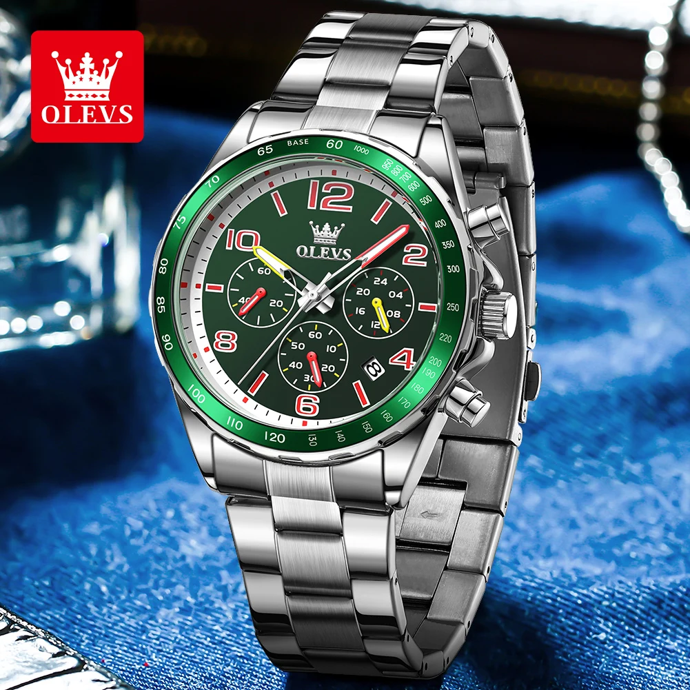 OLEVS TY714 Mens Watch Classic Fashion Original Quartz Chronograph Wristwatch Waterproof Stainless Steel Luminous Date With Box