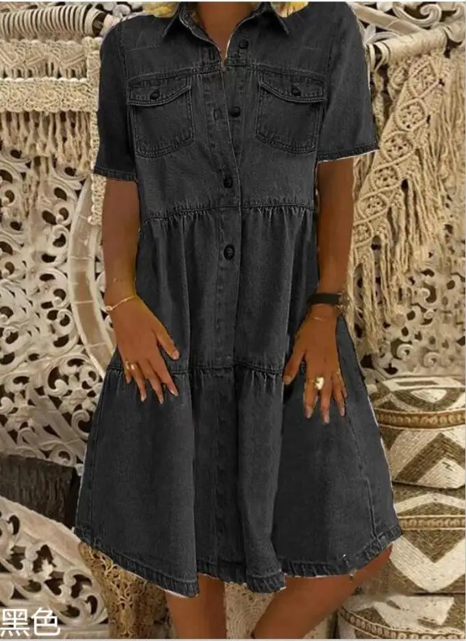 Vrouwen denim knoopjurk 2025, korte mouw, zak, midi-jeansrok, casual lente-zomer-outfit, vintage mode