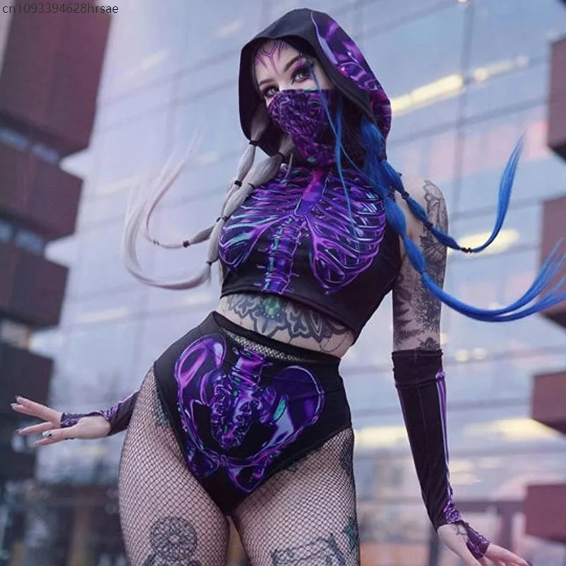 

Women CyberPunk Skull Print Cosplay Costume Halloween Party Colorful Psychedelic Tops Shorts Modern Dance Two-piece Rave Outfits