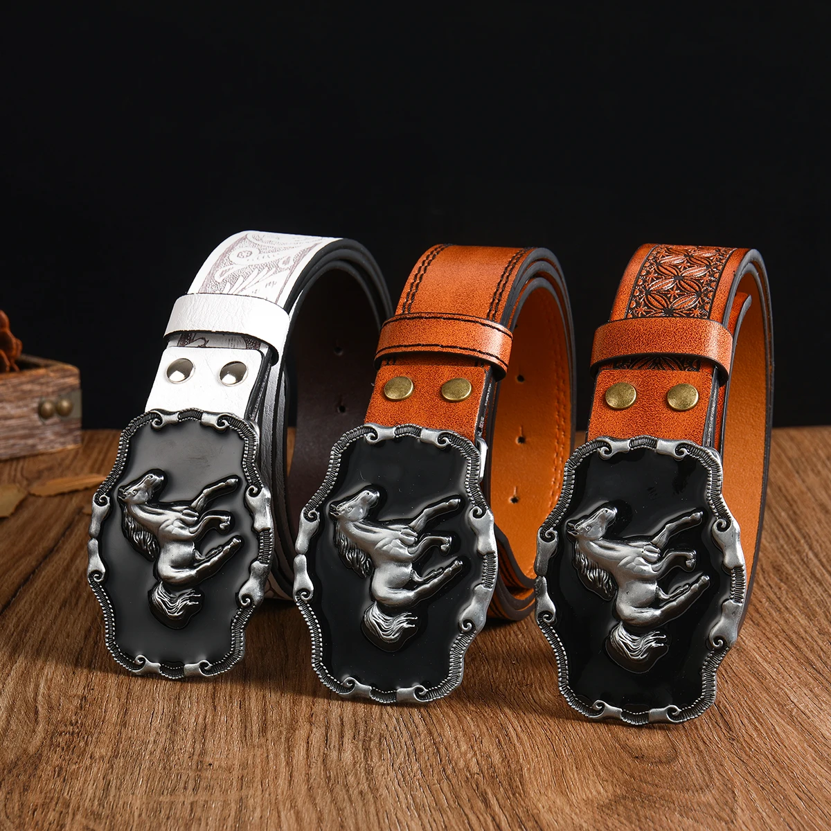 3.7cm wide men\'s and women\'s Western cow head denim style cow scalp buckle trendy belt smooth buckle pattern printing eye round hole style