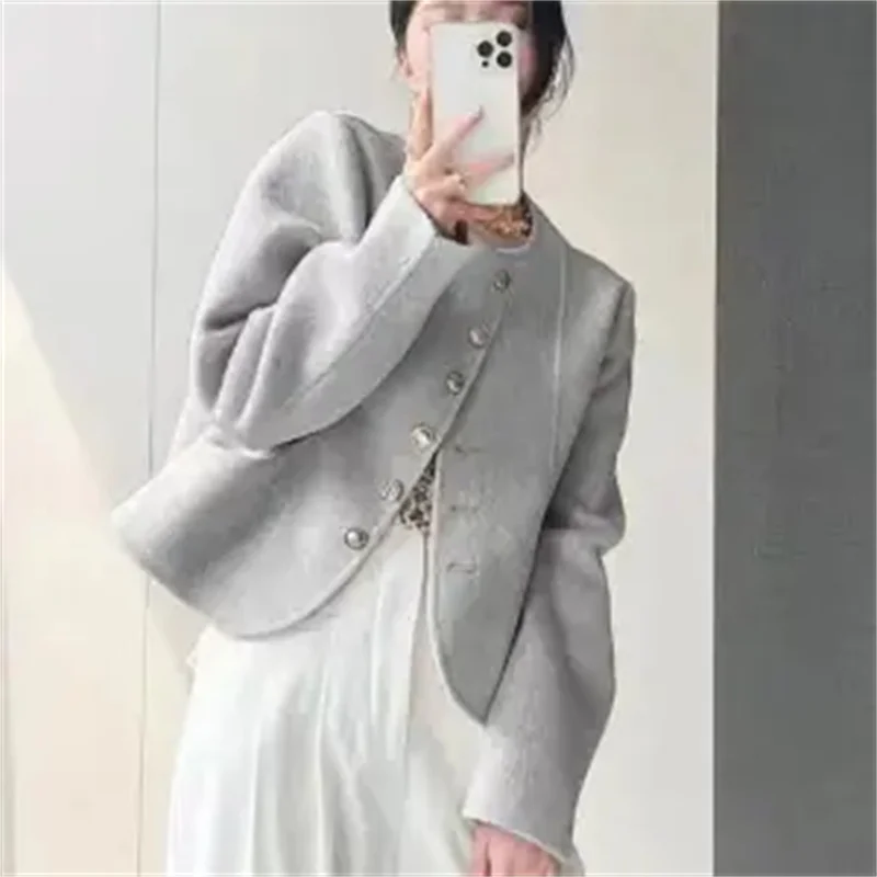 Wool Jacket Design Sense Small Fragrance Woolen Coat Women 2024Autumn Winter New Round Neck Outwear Double-Sided Overcoat Ladies