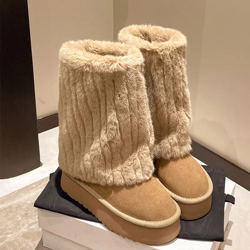 

Women's Fluffy Snow Boots Winter Plush Warm Mid-calf Boots Slip-On Design Sock Boots for Women High Top Cotton Shoes Botas Mujer