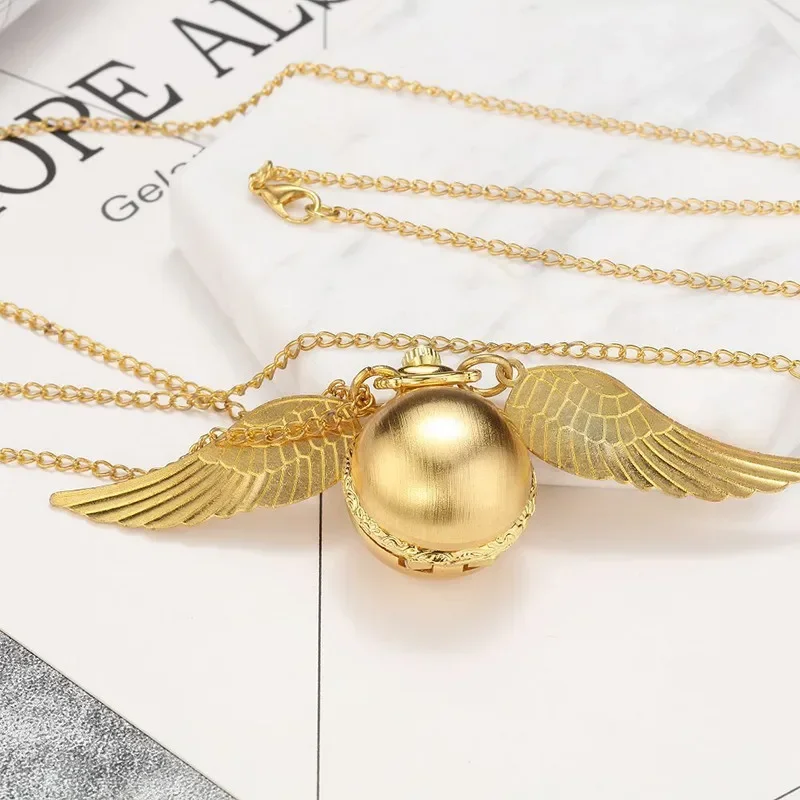 Harry Potters Golden Snitch Quartz Pocket Watch Angel Wing Ball Vintage Pocket Watch with Necklace Kids Toys Jewelry Accessories