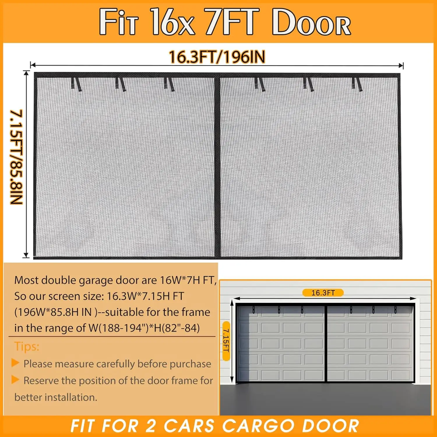 Garage Screen Doors for 2-Car Garage -16x7FT, Fiberglass 2300g/5.1 Lb Heavy Duty Magnetic Door Screen, Hands-Free with 6 Roll