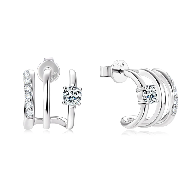 Imagem -05 - Brincos de Prata para Mulheres Aros Brincos Lado Triplo Manguito Meio Aberto Orelha Piercing Real Moissanite Stud Jóias Coreanas Anziw-925