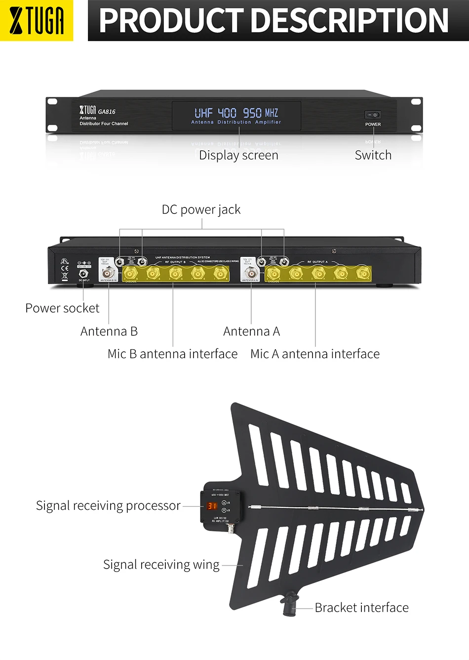 GA816 Signal Distributor Antenna Distribution System Wireless Microphone 10 UHF Channel Signal Booster Amplifier