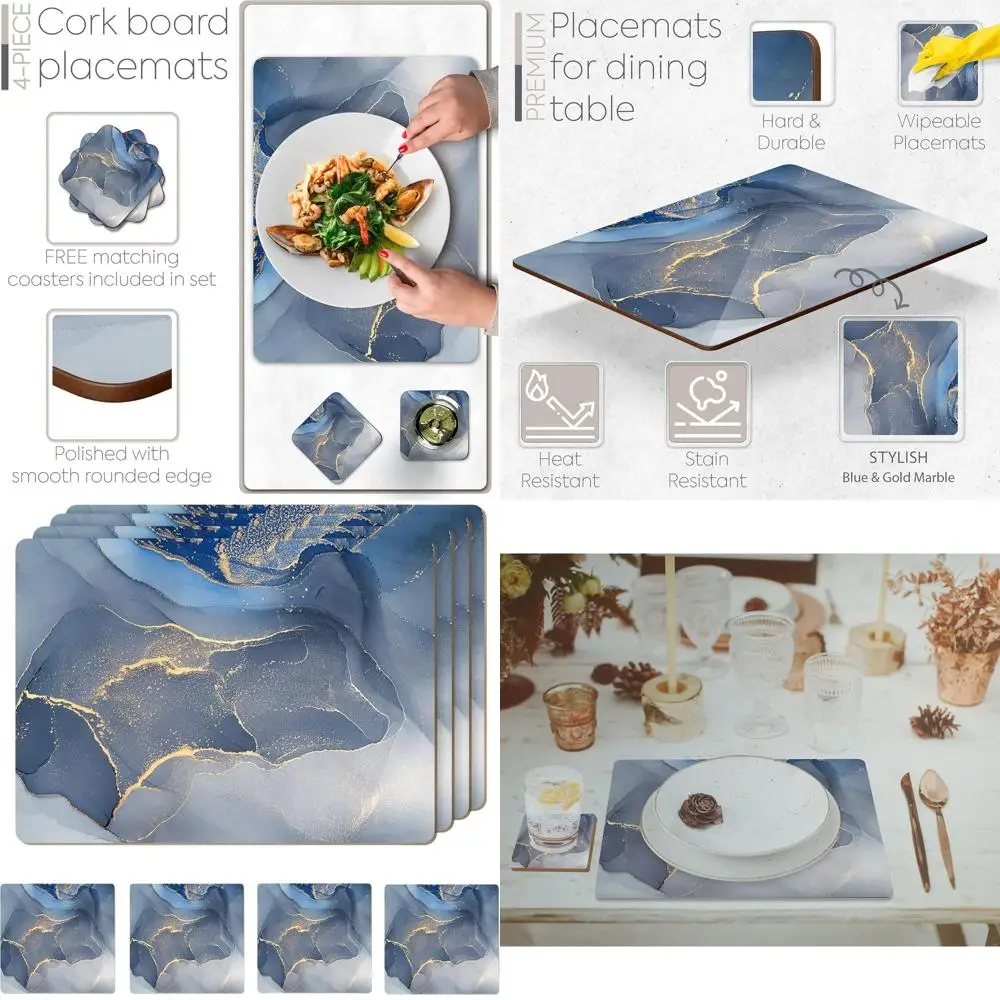 

Набор из 4 термостойких пробковых подставок под тарелки с подходящими подставками под кружки, мраморный дизайн, синий и золотой цвет, 16x12 дюймов