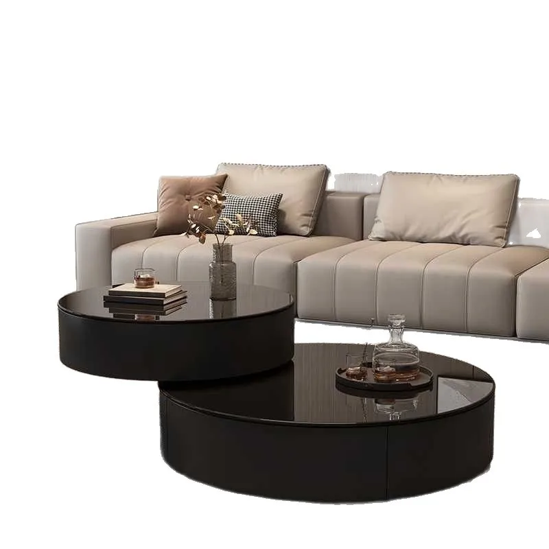 

Italian light luxury style, round, black glass, rotating coffee table
