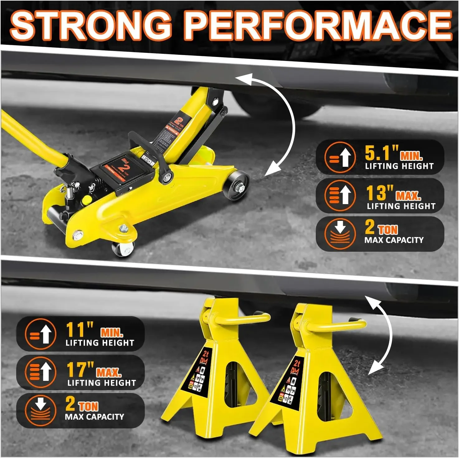 US Shipping Low Profile Hydraulic Trolley Service/Floor Jack Combo with 2 Ratchet Jack Stands, 2 Ton (4000 Lbs) Capacity, Yellow