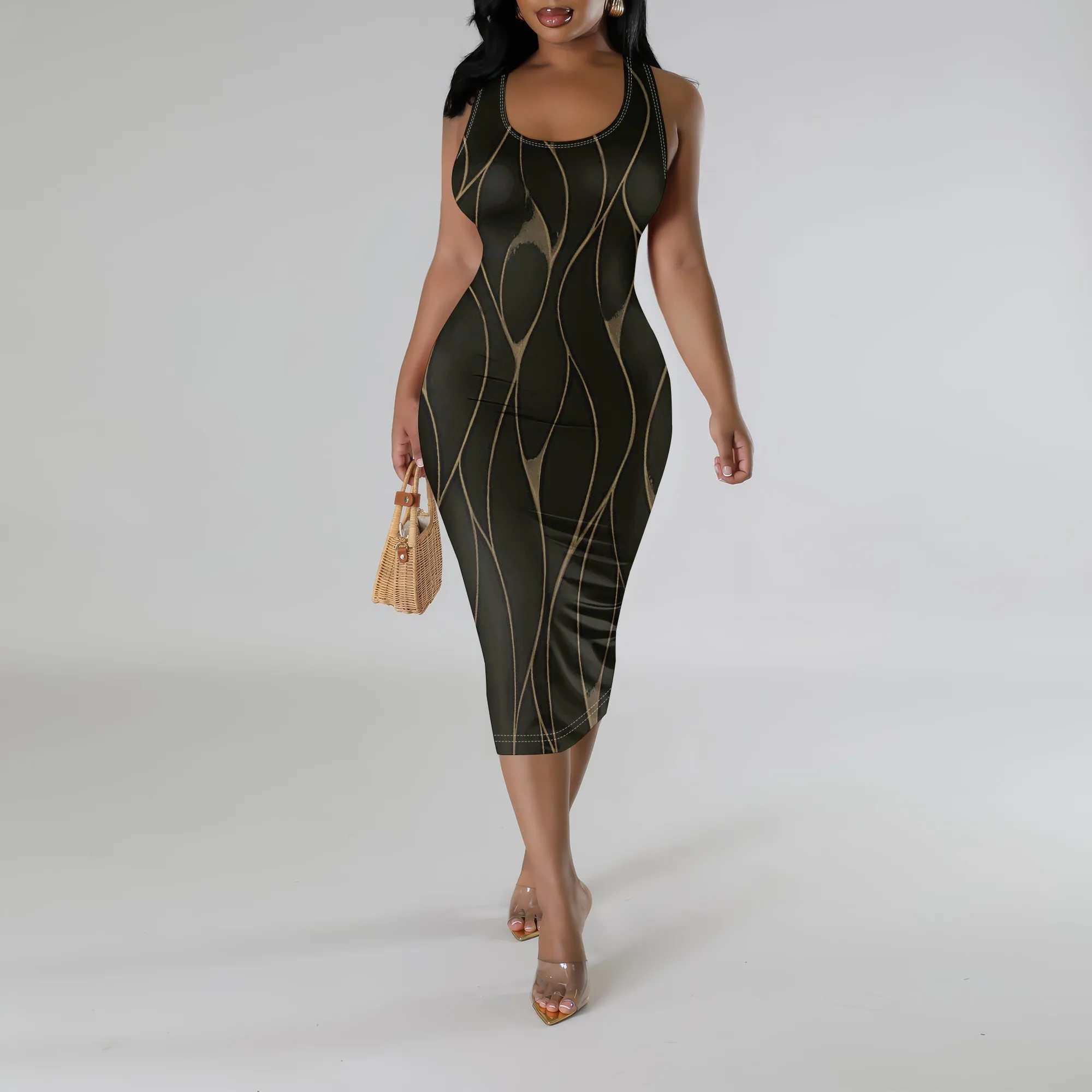 

Green Wave Print Bodycon Midi Dress XS-3XL Sleeveless Round Neck Slim Fit for Nightclub, Summer Date or Streetwear