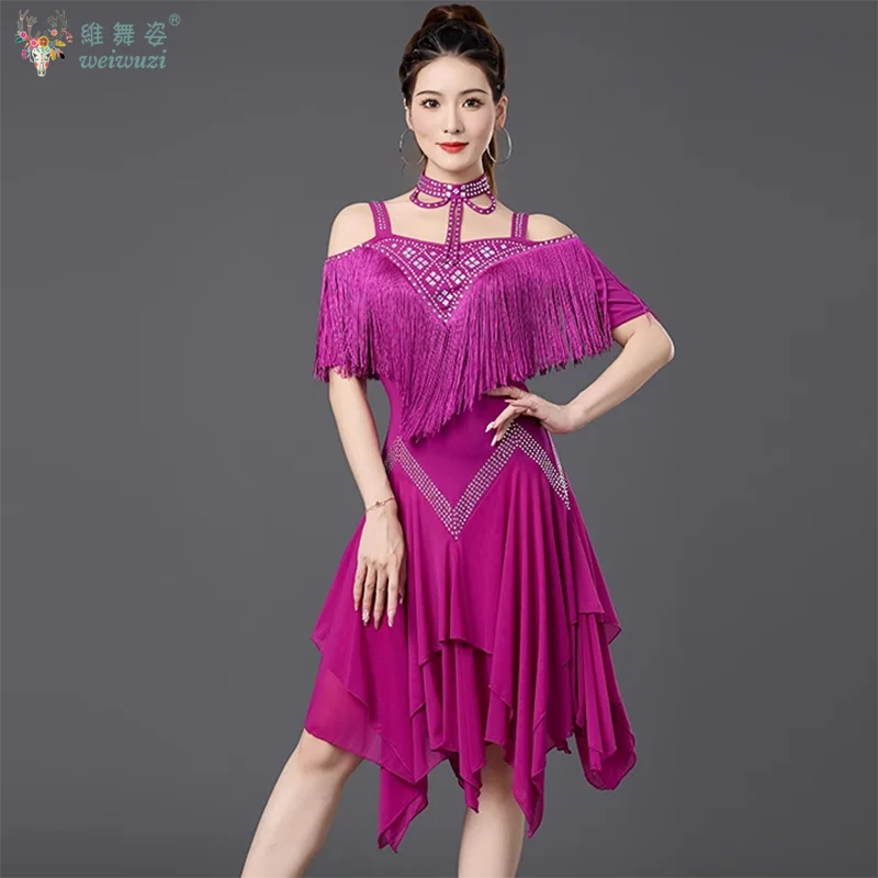 라틴 댄스 공연 드레스 오프 숄더 불규칙한 태슬 드레스 성인 전문 차차 삼바 룸바 대회 의상