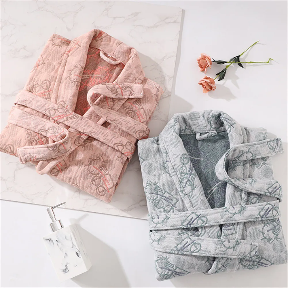Cotton Four-layer Jacquard Gauze Women's Bathrobe Homewear Kimono Robe with Belt and Pockets Bathrobe Women