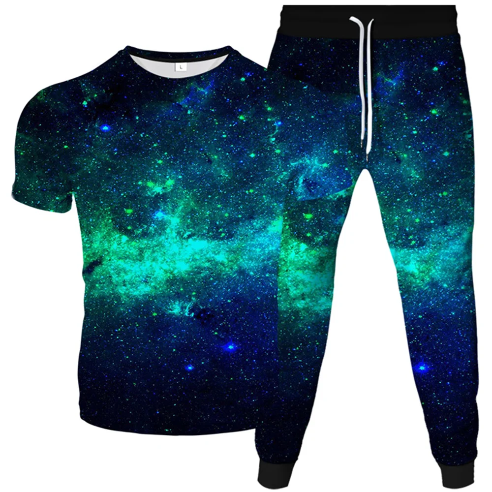 Men's Harajuku Colorful Galaxy T Shirt Long Pants Sets Oversized Tracksuit Male Short Sleeve T-Shirt+Trousers 2Pcs Clothing Suit