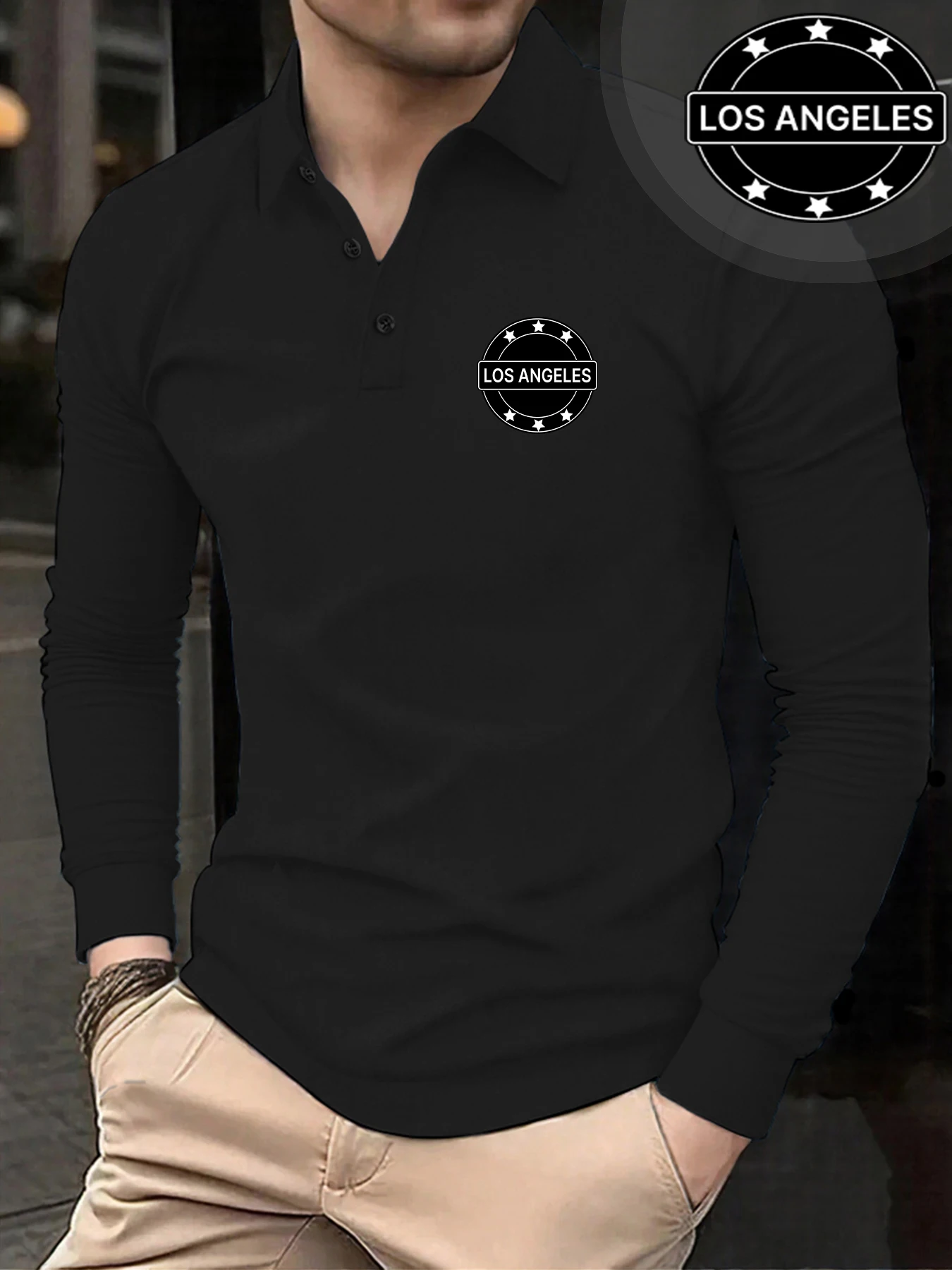 

Los Angeless Star Printed Men Polo Shirts Casual Fashion Clothing Lapel Autumn Shirt Button Business Skin-Friendly Clothes