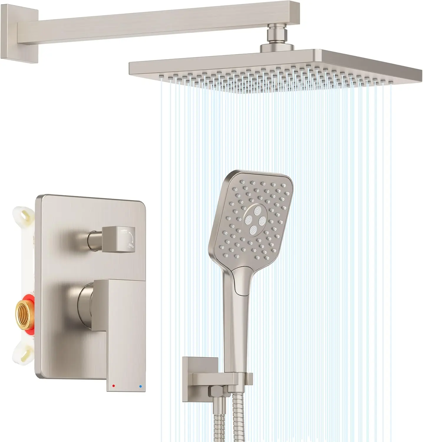 

Wall Mounted Shower System with 10" Rain Shower Head & Handheld, 3-Setting, Brushed Nickel, Pressure Balance Valve, Easy Install