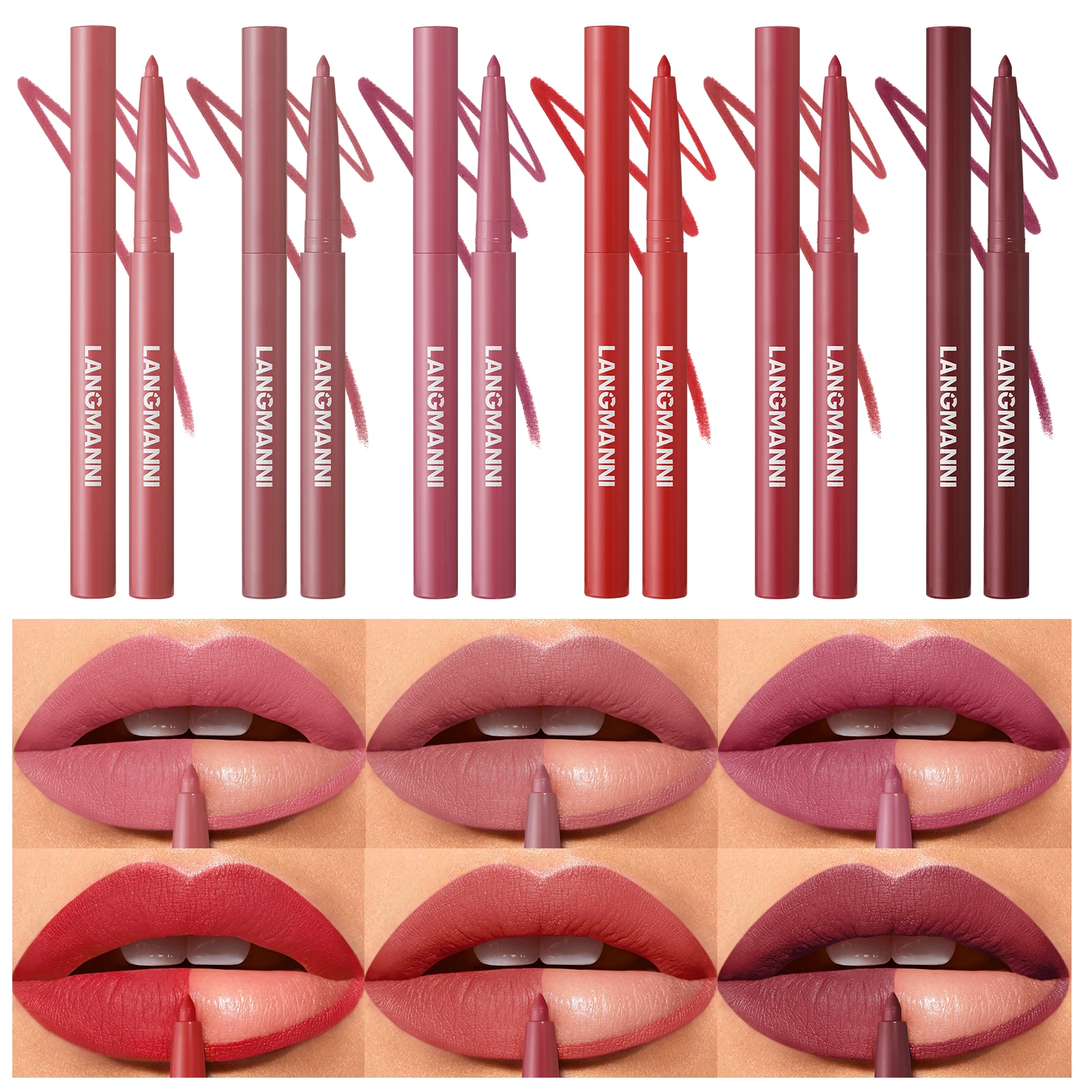 LANGMANNI Lápiz labial de terciopelo mate de 6 piezas para un modelado preciso de labios, resistente al agua, al sudor, que no mancha y colores vivos.
