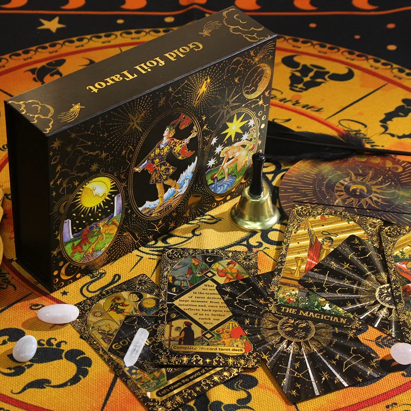 Deluxe Feather Black Gold Sun Gift Box Set for Tarot Card Board Game with Waterproof PVC and Gold Foil Cards Weite Beginner