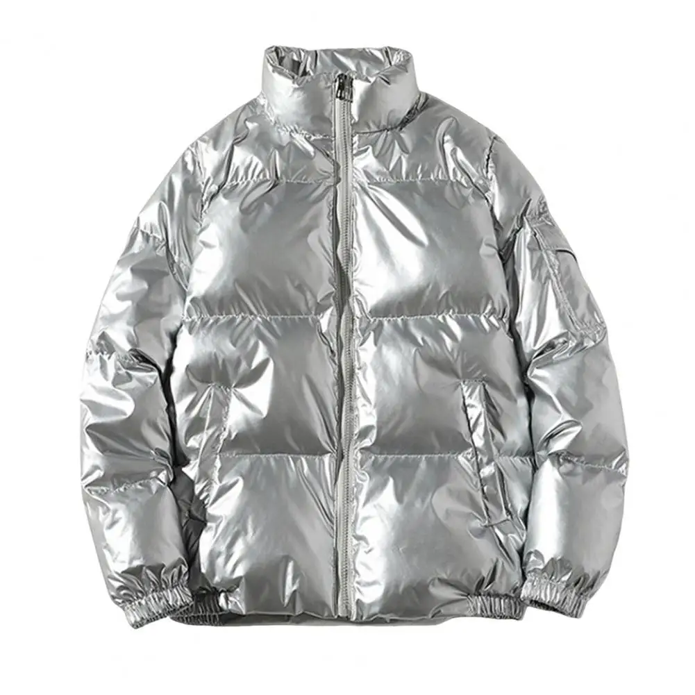 Manteau matelassé en coton brillant pour hommes et femmes, parka d'hiver, poignets élastiques, col montant, veste à manches longues, vêtements d'extérieur, document solide