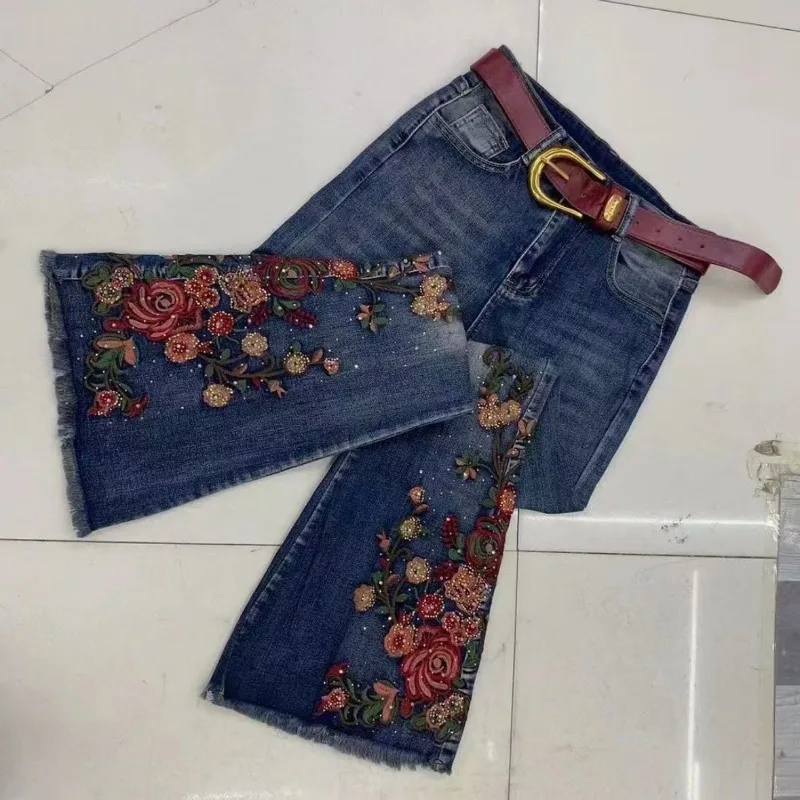 

New Plus-size Heavy Industry Embroidery Hot Diamond High Waist Slimming Drape Flare Fashion Versatile Bootcut Jeans for Women