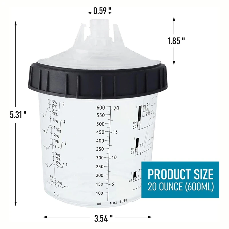 كوب خلط بخاخ الطلاء، نظام 1.0 (ليست 2.0)-50 قطعة طقم 20 أونصة - 50 بطانة كوب، 50 غطاء مع مصفاة، كوب صلب واحد، 20 قابسًا