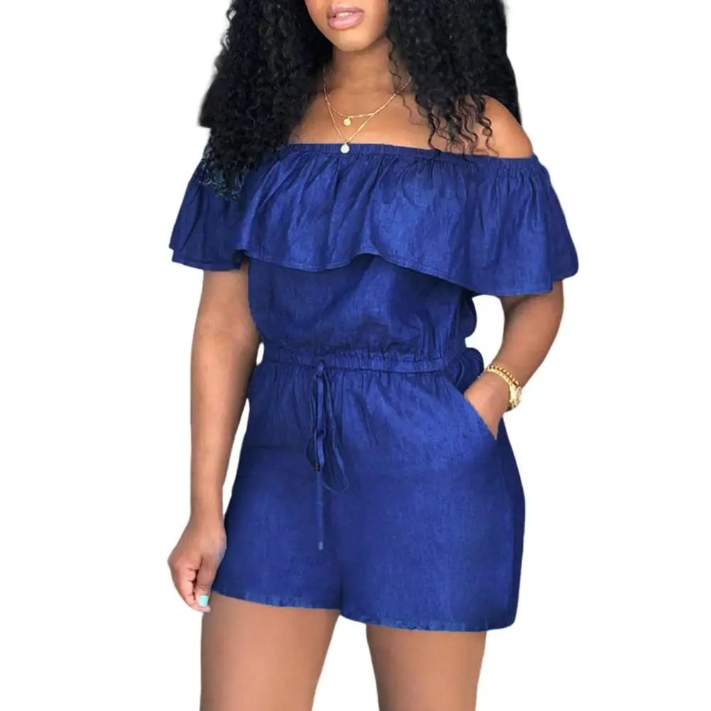 

2025 Spring Women's Elegant Rompers V Neck Ruffle Edge Short Sleeved Skirt Shorts Tight Jumpsuit Wide Leg Denim Shorts Overalls