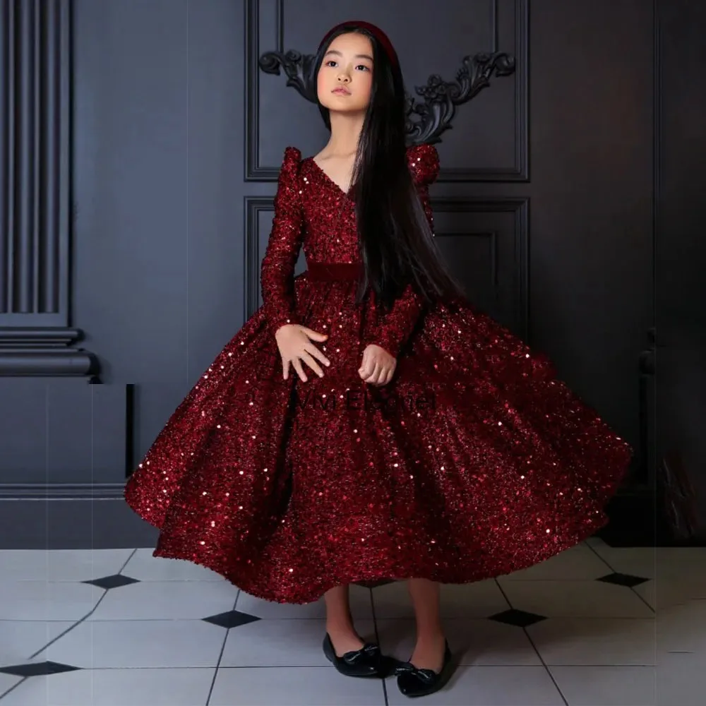 Vestido de niña de flores con lentejuelas brillantes para boda de 2 a 14 niños, vestido de fiesta de cumpleaños de Navidad con desfile de princesa de manga larga personalizado