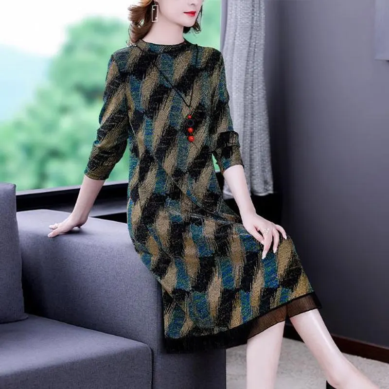 Spring Autumn Stylish Bright Silk Dresses Casual Round Neck Female Clothing Printed Elegant A-Line Gauze Spliced Midi Dress 2023