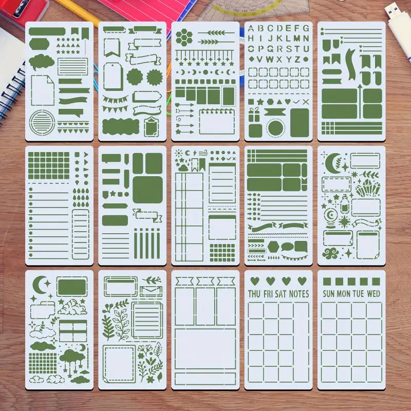 15Pcs Diary Drawing Templates, Reusable Stencils