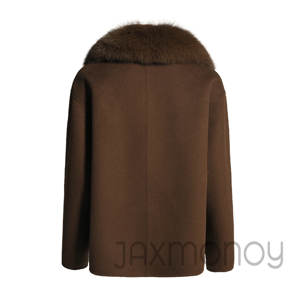 

Шерстяное пальто Jaxmonoy с натуральным лисьим мехом для женщин, осеннее новое поступление, кашемировая шерстяная куртка с двойным лицом, модные двубортные куртки
