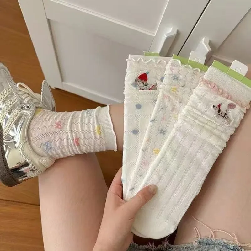 Women Ruffle Cuff Hollow Mid Calf Socks Cartoon Embroidery Soft Breathable Cotton Daily Casual Sneakers Matching Hosiery