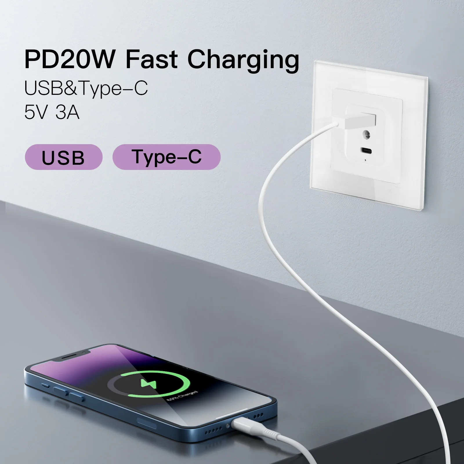 BSEED Universal 2 Port Wall USB Type-C Socket PD20W Fast Charge for Phone Computer Glass Panel 110V-220V USB Connector