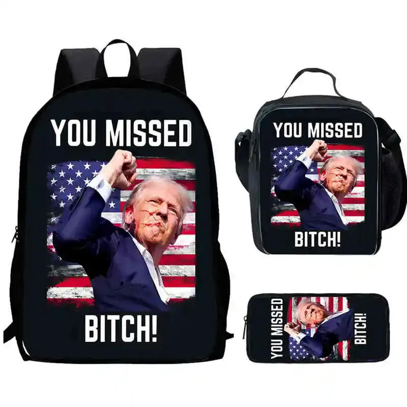 3Pc Set Trump 2024 Printed School Bags Child Backpack with Lunch Bag Pencil Case,Cartoon Book Bags for Pupil Students