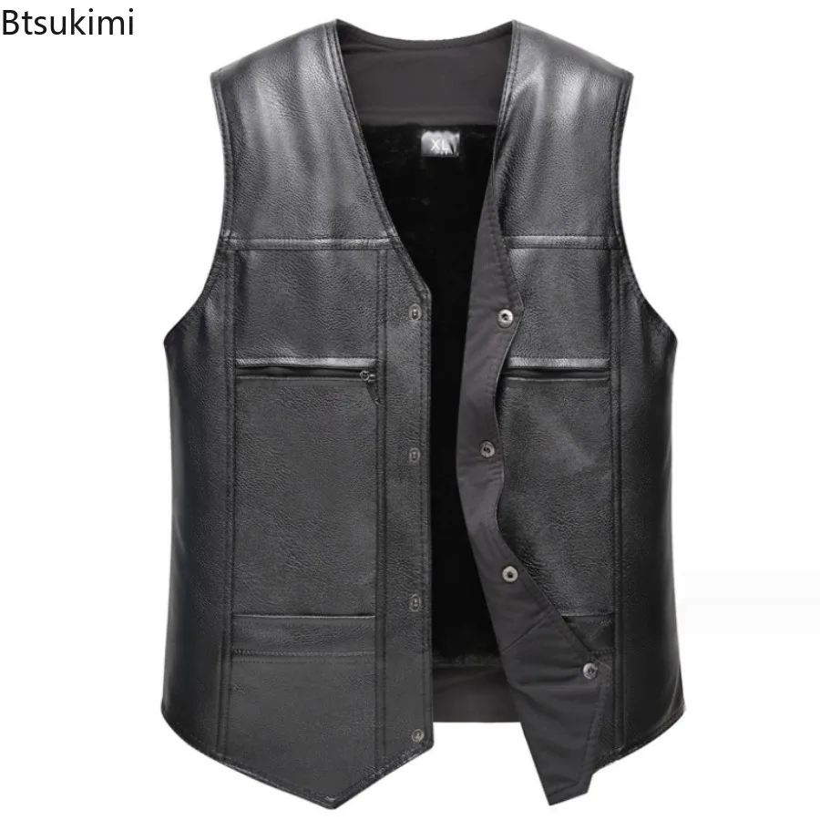 Autumn Winter New Men's Leather Vest Fleece Lining Warm Waistcoat Fashion V-neck Sleeveless Vest Jacket Handsome Motorcycle Vest view 3