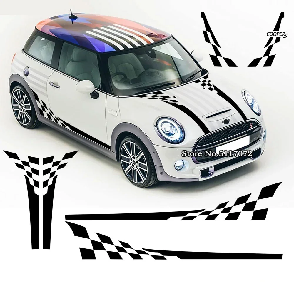Car Styling Checkerboard Checkered Flag Door Side Stripes For MINI Cooper R56 2006-2013 Decal Hood Trunk Decor Stickers