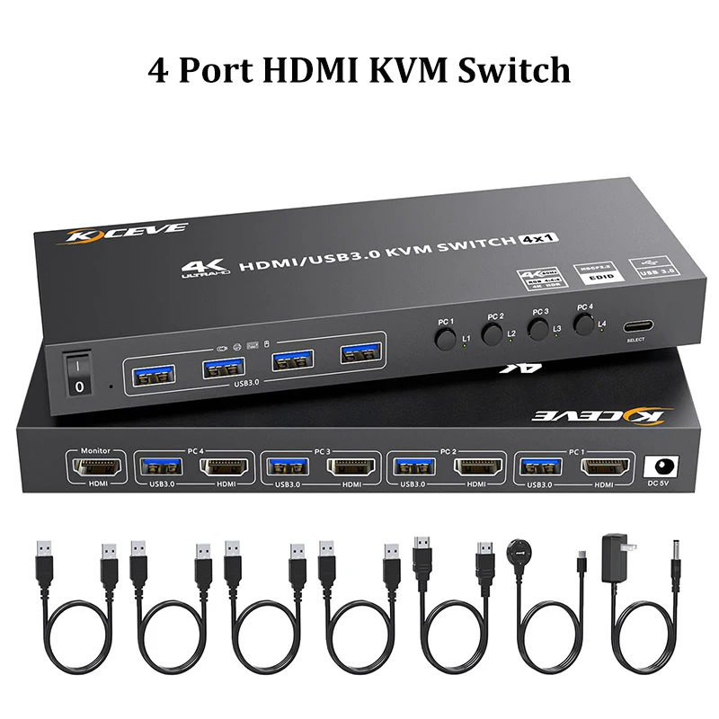 4K HDMI KVM Switch 4 Computers 4K@60Hz 2K@120Hz, Simulation EDID, 4 Port USB3.0 HDMI KVM Switches for 4 PC Share 1 Monitor