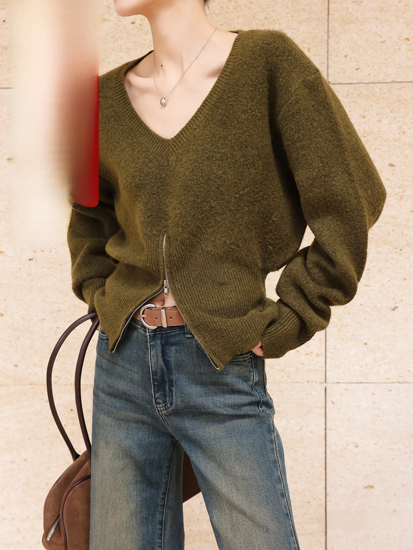 

Вязаный свитер с эффектом похудения, V-образный вырез, молния, приталенный крой, повседневный свободный крой, длинный рукав, вязаный пуловер