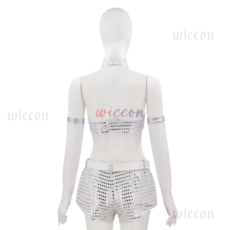 Costume de cosplay de robot de film og Powers pour femmes, haut sexy, soutien-gorge, objectifs imbibés, tenue de performance sur scène, fête d'Halloween, vêtements argentés